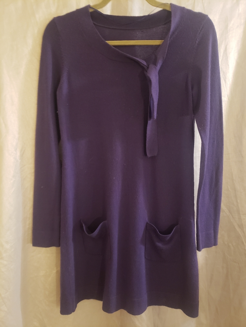 H&M Rich Purple Wool-Blend Knit Tunic Mini Dress, L/S, Neck Tie, Wrist Buttons S